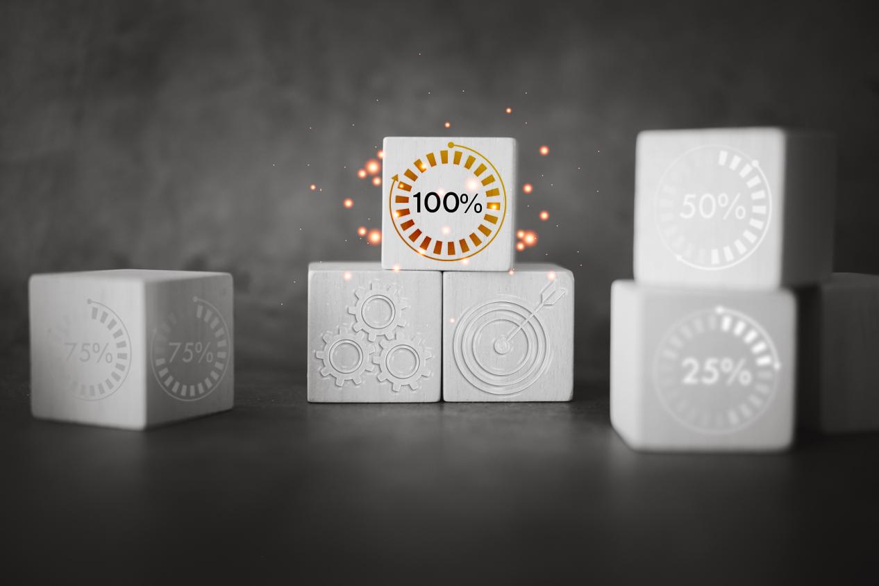 项目完成的理念要百分之百的成功才能工作。木块图标100%。