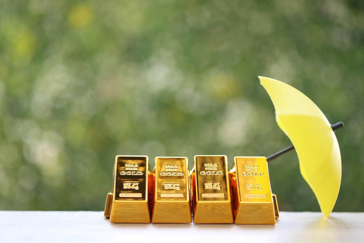 自然绿色背景下的保护，金条和手撑伞，商业投资和存钱为未来做准备的概念