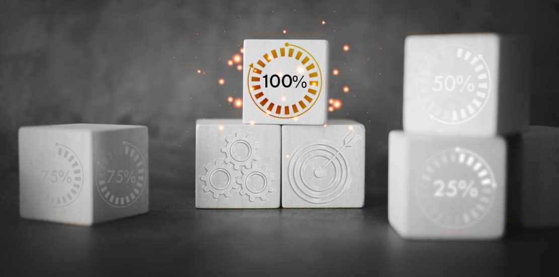 项目完成的理念要百分之百的成功才能工作。木块图标100%。