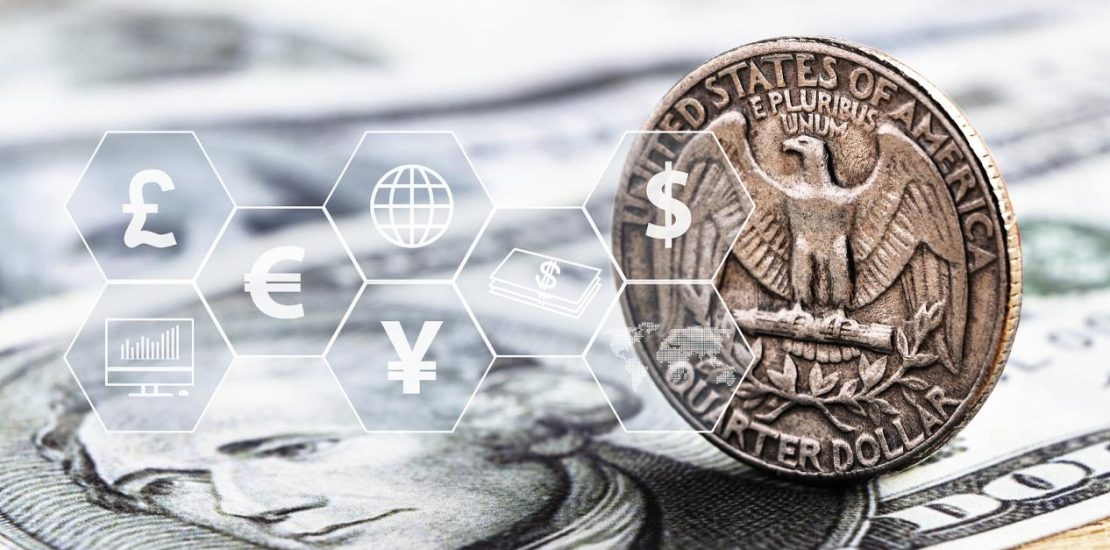 US dollar coin and banknote with icon virtual. The concept of currency exchange can be used worldwi