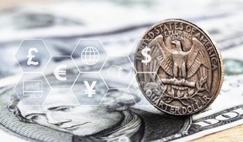 US dollar coin and banknote with icon virtual. The concept of currency exchange can be used worldwi