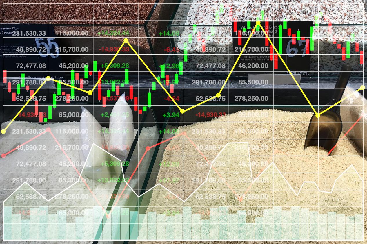 Business stock finance marketing competition index variety of rice in supermarket sale growth shown