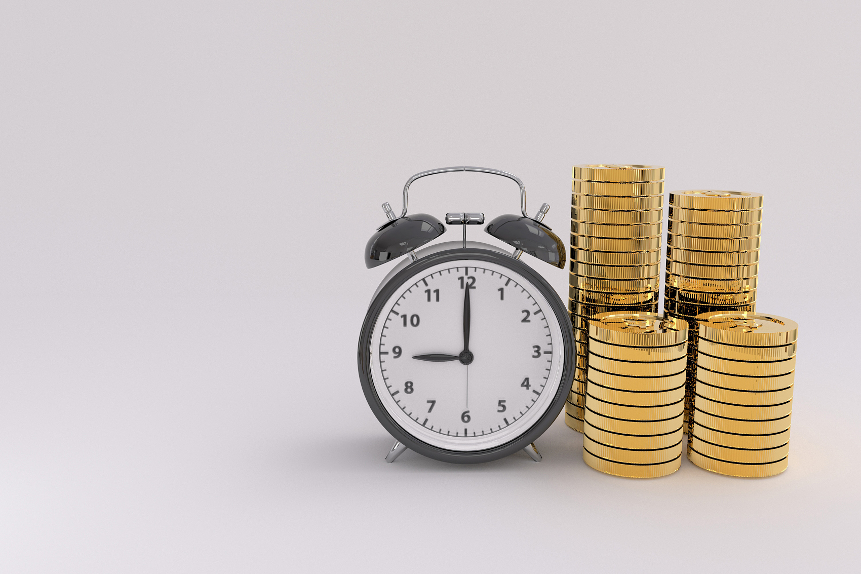 目覚まし時計と金貨の 3 D レンダリング